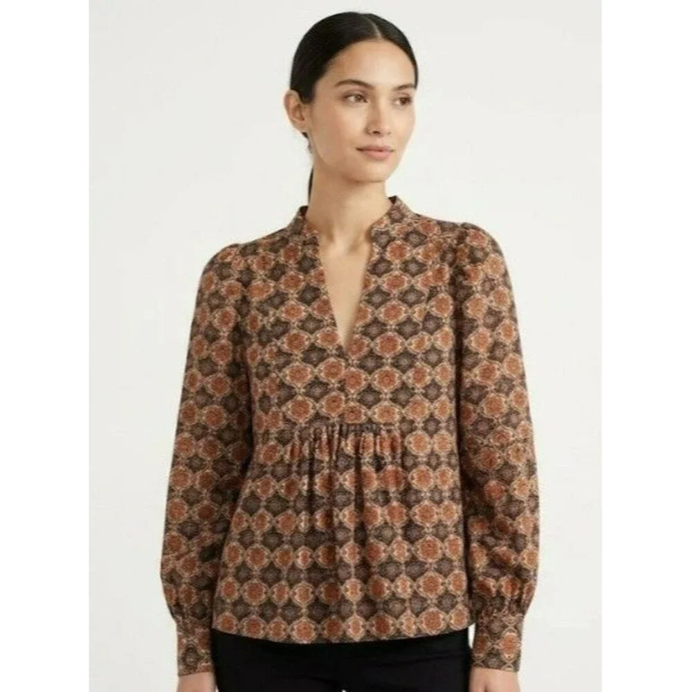 Banana Republic Corduroy V-Neck Puff Sleeve Blouse Womens XS Retro 60s Top